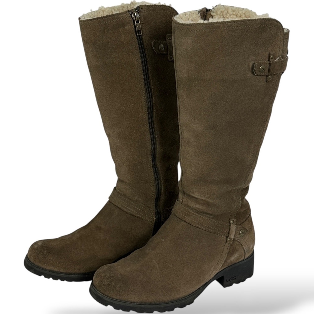UGG Australia Jillian Tall Suede Brown Snow Boots Womens Size 7 Sherpa Round Toe - Picture 4 of 13
